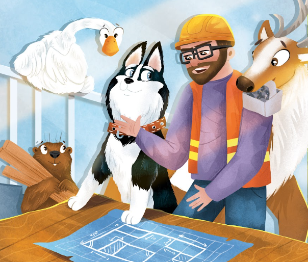 Jonathan the Husky and animal friends looking over a UConn basketball court blueprint
