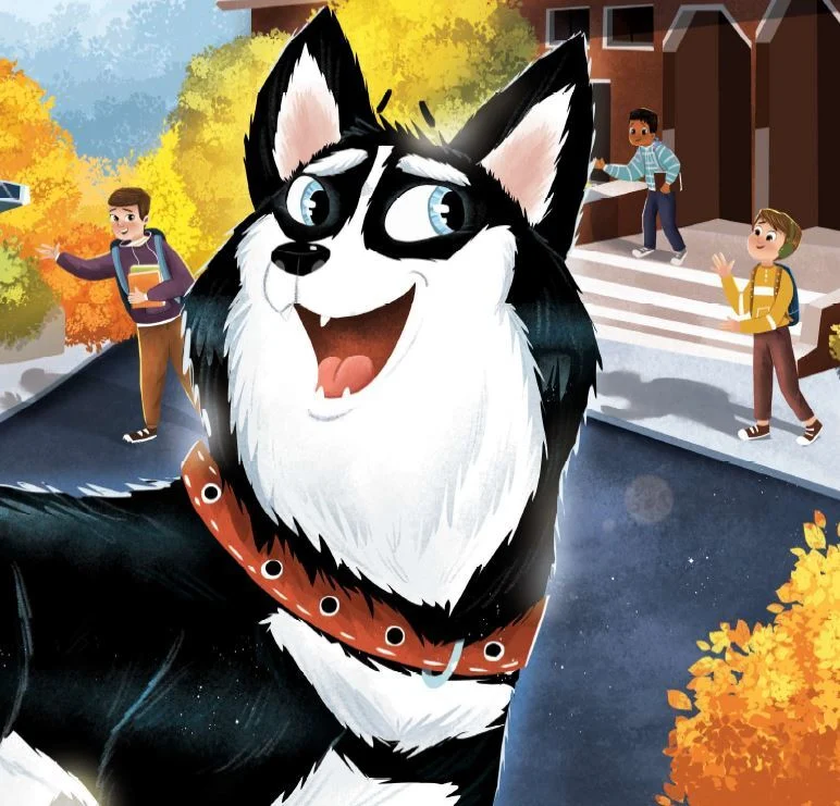 Illustration of Jonathan the Husky greeting students on a UConn campus path in autumn