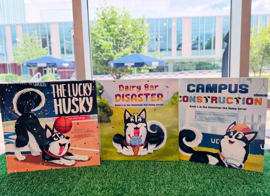 The Lucky Husky, Dairy Bar Disaster, and Campus Construction books displayed together
